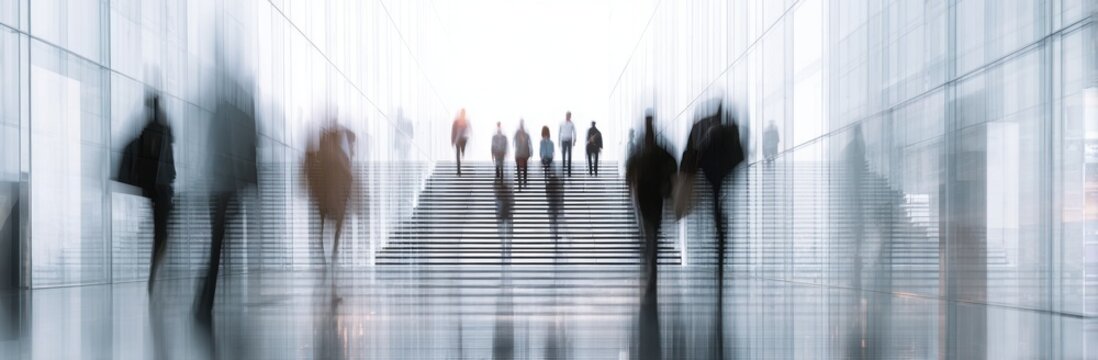 Abstract blurred motion of business people walking on a glass staircase in a modern office building, concept for human resources or a digital work environment. - Powered by Adobe