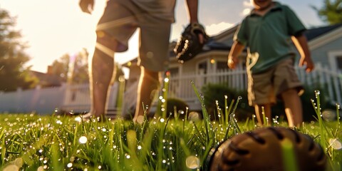 Father and son walking on wet grass towards home after baseball game at sunset