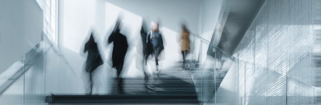 Abstract blurred motion of business people walking on a glass staircase in a modern office building, concept for human resources or a digital work environment.