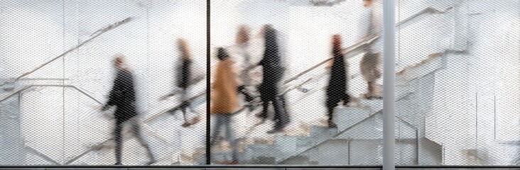 Abstract blurred motion of business people walking on a glass staircase in a modern office building, concept for human resources or a digital work environment.