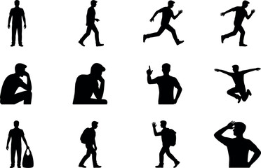 Male Silhouettes: Diverse Poses, Action, and Thoughtful Moods, Vector Icons