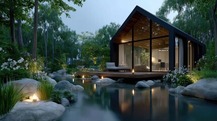 Fototapeta premium Unique A-shaped house features a wooden terrace, garden furniture, and barbeque area along a tranquil stream in a beautiful valley setting
