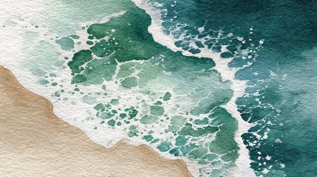 Abstract Watercolor Coastal Scene With Ocean Waves And Sand