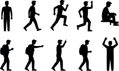 Silhouette Man Poses: Walking, Running, Sitting, Gesturing, Backpack; Vector Illustration