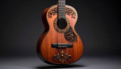 Ornate acoustic guitar, detailed carvings