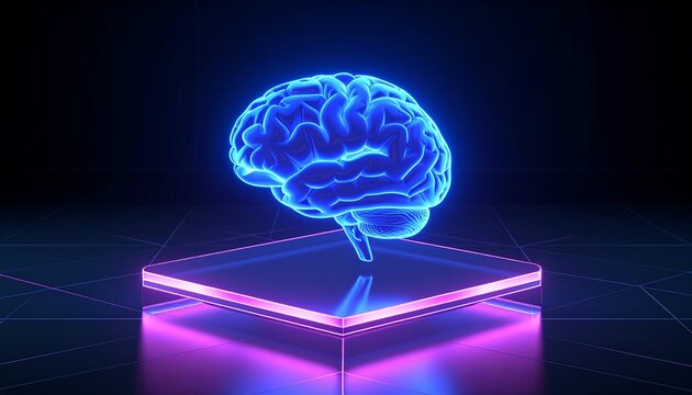 Glowing Blue Brain on Neon Platform: AI, Neurology Concept - Powered by Adobe
