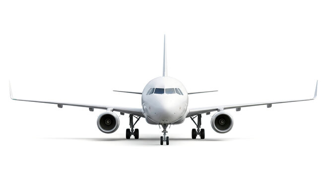 An empty passenger plane seen from the front against a white background. Ideal for advertising and graphic design projects.