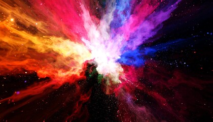 A vibrant explosion of color radiates outward from a central point, creating a dynamic and abstract nebula-like scene against a backdrop of dark space.