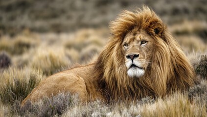 Obraz premium A regal lion rests gracefully amidst the golden grasses of the savanna, embodying the spirit of the wild, as seen in the majestic image of a lion in savannah