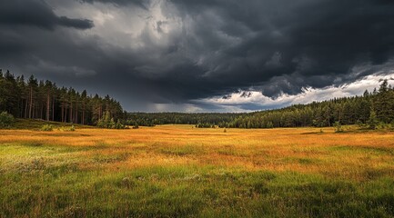 Obraz premium Golden meadow under stormy clouds