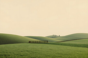 Green Rolling Hills Landscape with Fence at Sunset