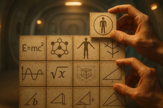 Hands arranging blocks with scientific and mathematical symbols.