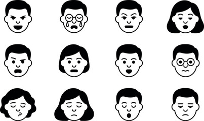 Twelve Simple Black and White Human Emotion Icons