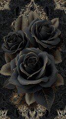 A vivid black rose against a deep black and gold figure, accented with elegant gold floral designs that add a touch of romance and sophistication. luxury feeling black roses with golden touch
