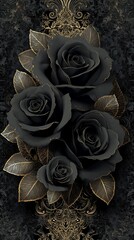 A vivid black rose against a deep black and gold figure, accented with elegant gold floral designs that add a touch of romance and sophistication. luxury feeling black roses with golden touch