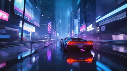 Futuristic sports car speeding through a vibrant cyberpunk city at night, illuminated by neon signs and reflections on the wet asphalt, creating a dynamic and futuristic atmosphere - Powered by Adobe