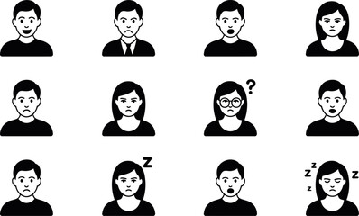 Diverse Avatar Icons:  Happy, Sad, Angry, Confused, Sleepy Expressions.