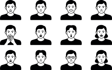 Diverse Vector Icons: Human Emotions, Facial Expressions, Simple Style