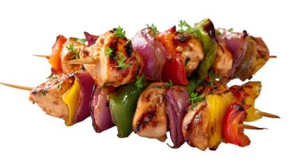 Colorful grilled chicken and vegetable skewers with bell peppers and red onion. This fresh, isolated photo is perfect for summer menus and party food ideas.