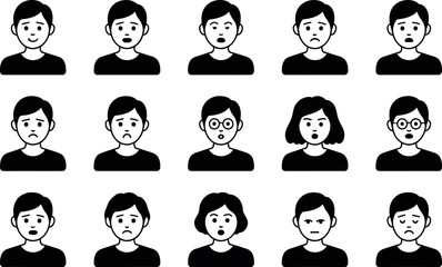 Diverse Young Adult Avatar Icons:  Black and White Minimalist Emotional Expressions Set