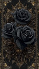 A vivid black rose against a deep black and gold figure, accented with elegant gold floral designs that add a touch of romance and sophistication. luxury feeling black roses with golden touch