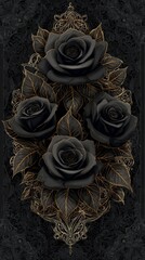 A vivid black rose against a deep black and gold figure, accented with elegant gold floral designs that add a touch of romance and sophistication. luxury feeling black roses with golden touch
