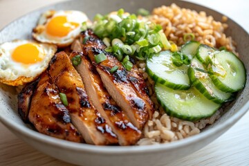 Grilled chicken bowl with fried eggs, rice, and cucumber