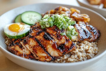 Grilled chicken bowl with rice, egg, and cucumber