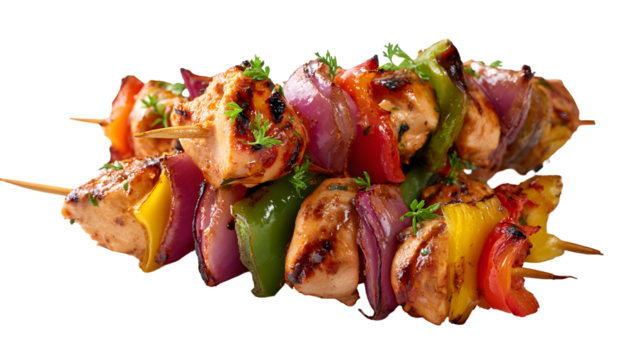 Colorful grilled chicken and vegetable skewers with bell peppers and red onion. This fresh, isolated photo is perfect for summer menus and party food ideas.