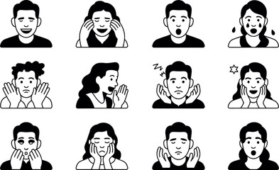 Diverse Black and White Icons: Human Facial Expressions, Emotions, Reactions