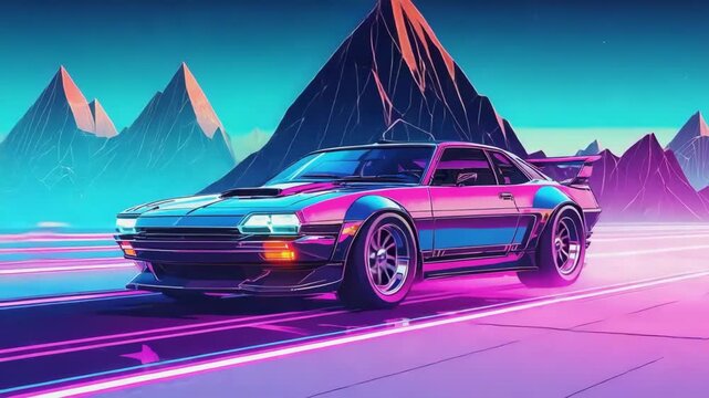Retro sports car speeding down a neon-lit road against a backdrop of stylized synthwave mountains, capturing the essence of 80s nostalgia and futuristic aesthetics