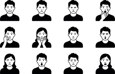 Diverse Male and Female Avatar Icons:  Simple, Black, Expressive Emotions