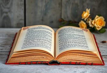 Obraz premium Aged open book, floral corners, textured pages, antique feel, detail, illustration