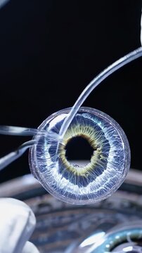Vertical video, intricate steps of a complex eye surgery, showcasing precision and advanced medical techniques in ophthalmology