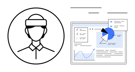 User with wearable headset linked to data dashboard showcasing analytics via charts, graphs, and diagrams. Ideal for technology, AI, innovation, data insights, research, virtual reality simple