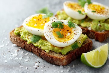 Delicious avocado toast topped with soft boiled eggs served on rustic bread and garnished with lime and cilantro