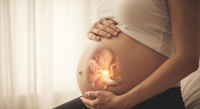 A pregnant woman cradles her belly, revealing a glowing image of her unborn baby inside, symbolizing new life and hope