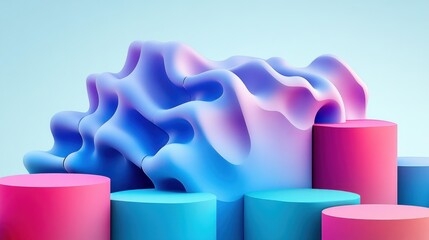 Vibrant abstract showcase backdrop with podiums and organic flowing form