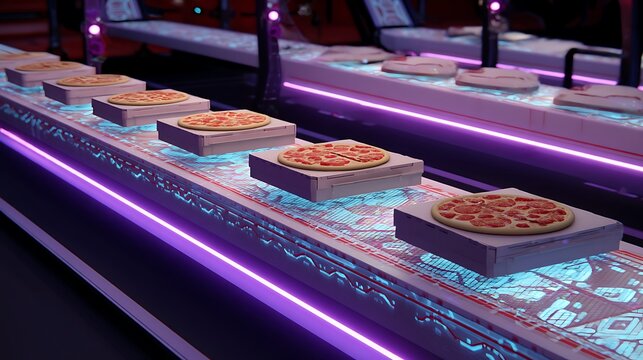 Futuristic Pizza Delivery System with Illuminated Conveyors