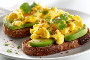 Delicious scrambled eggs served on toasted bread with avocado slices and fresh herbs in a bright kitchen setting