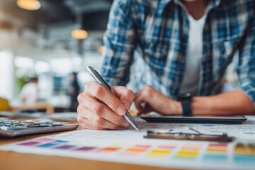 Close-up of a designer writing and sketching at a desk filled with colorful papers, notebook, and digital tablet in office.