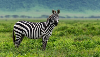 Naklejka premium On the sun-drenched savanna, a zebra's striking black and white stripes create a mesmerizing contrast against the lush green grass and expansive sky as it stands proudly, exuding confidence and