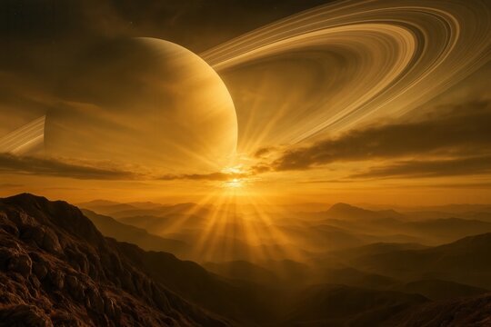 Sci-fi alien landscape with huge ringed planet and dramatic sunrise. - Powered by Adobe