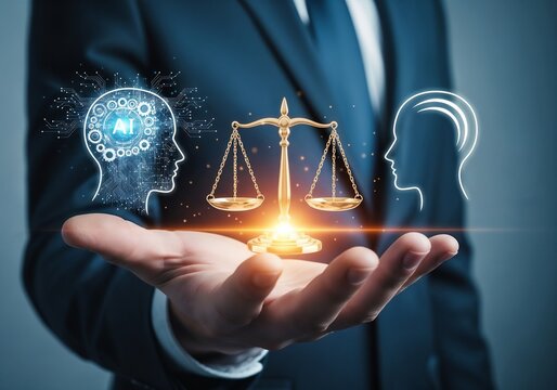 A hand holds a glowing scale, balancing a digital AI brain on one side and a human head outline on the other, symbolizing AI ethics.