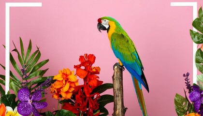 A parrot sitting on top of wooden post surrounded by flowers background cartoonish scene creative frame elements design depth layers composition figure emotion expression gesture movement