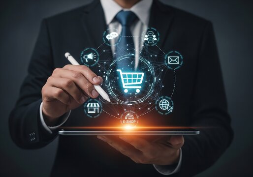 : A businessman holds a tablet displaying a glowing e-commerce interface with a central shopping cart icon connected to other retail icons.