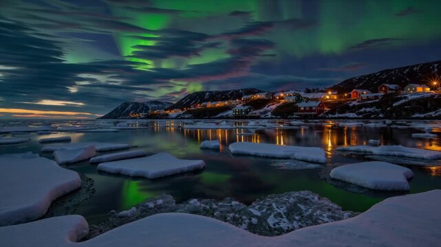 Looping Animation of the Northern Lights Over a Calm Fjord in Nuuk, Greenland, Reflecting Vibrant Colors as Ice Floats Drift in the Foreground at Night