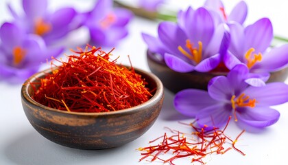 Fototapeta premium Saffron in a small bowl with purple crocus flowers