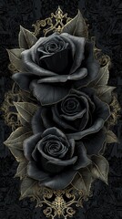 A vivid black rose against a deep black and gold figure, accented with elegant gold floral designs that add a touch of romance and sophistication. luxury feeling black roses with golden touch