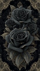 A vivid black rose against a deep black and gold figure, accented with elegant gold floral designs that add a touch of romance and sophistication. luxury feeling black roses with golden touch